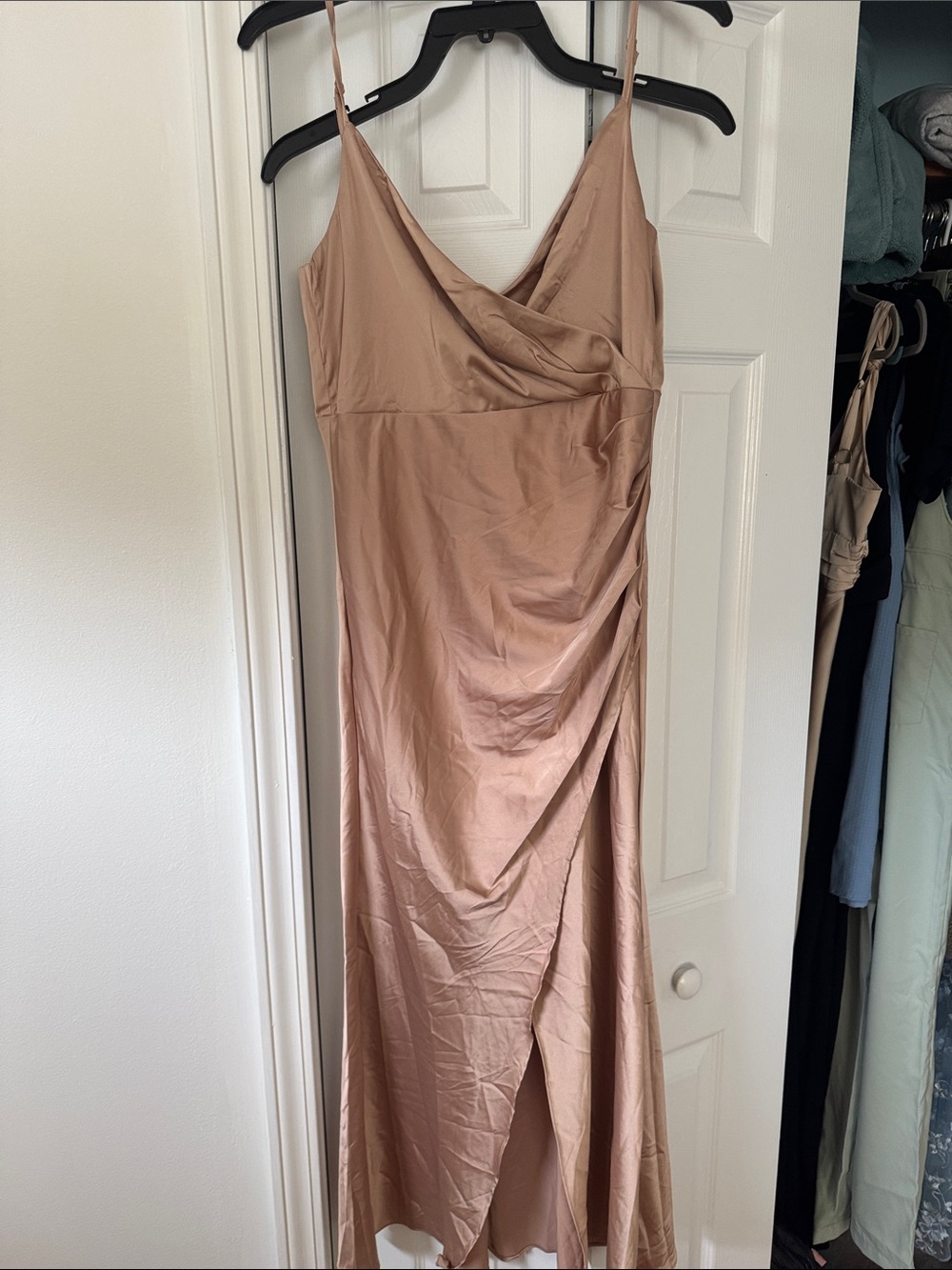 Hello Molly Blush Satin Slip Maxi Dress with Side Drape